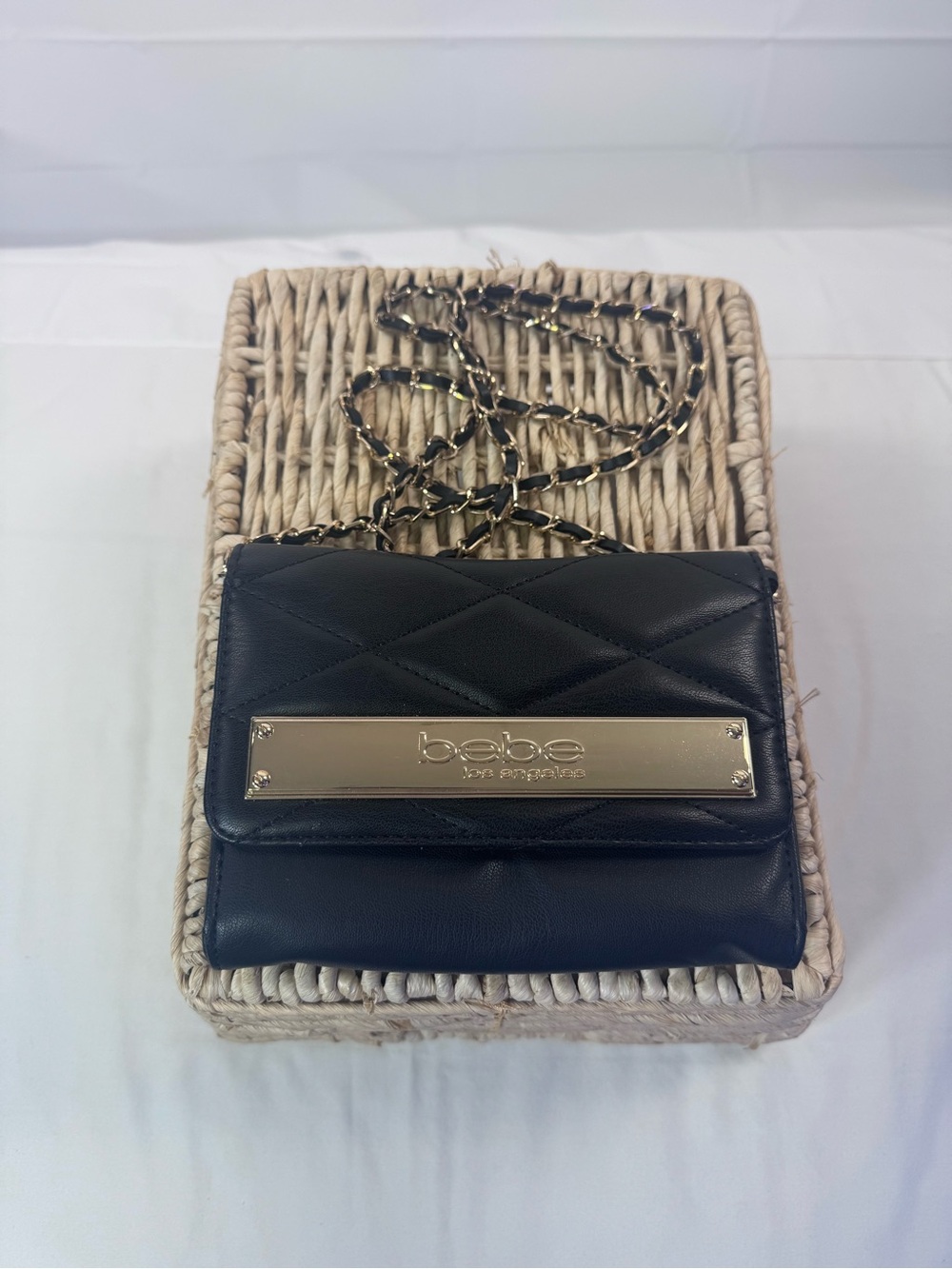 Bebe Black Quilted Mini Crossbody Wallet Purse Gold Chain